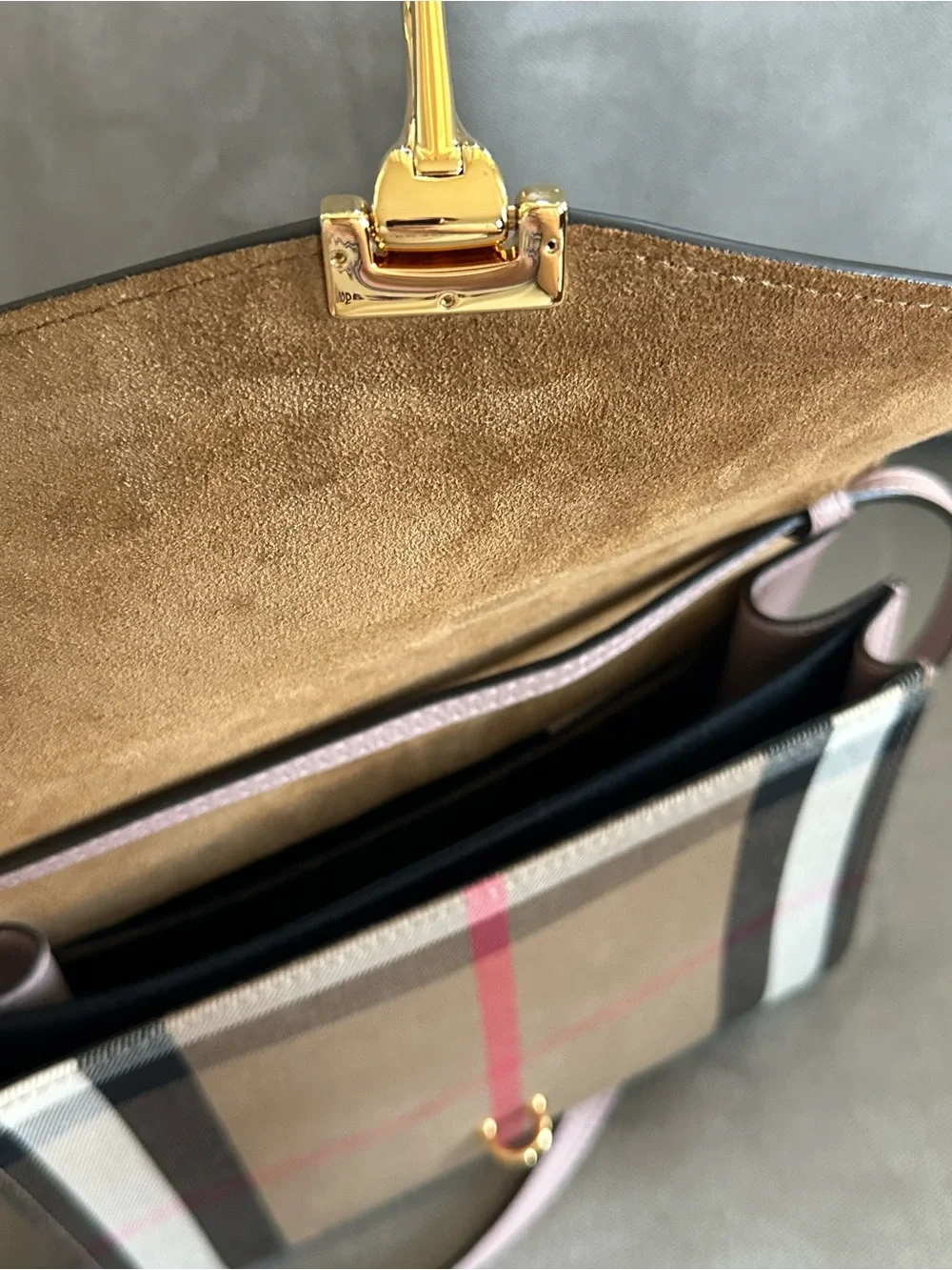 Blush Pink Burberry Crossbody Bag with Striped Canvas Accent